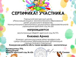 Мир профессий Князева А. сертификат участника